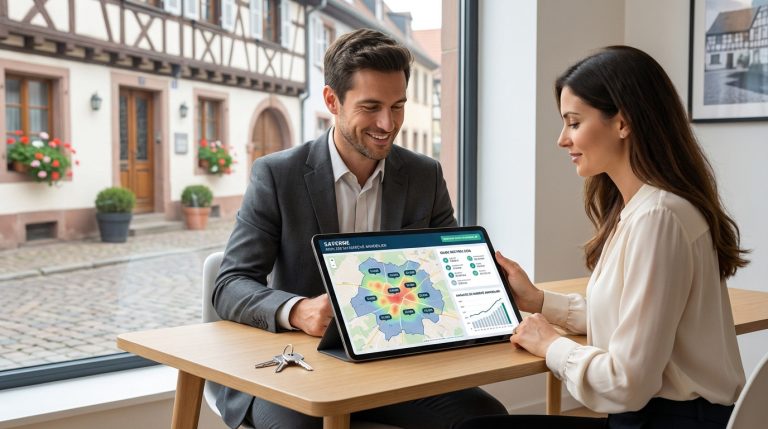 Un agent et une cliente consultent une tablette montrant une carte et des graphiques du marché immobilier de Saverne. Des clés sur la table.