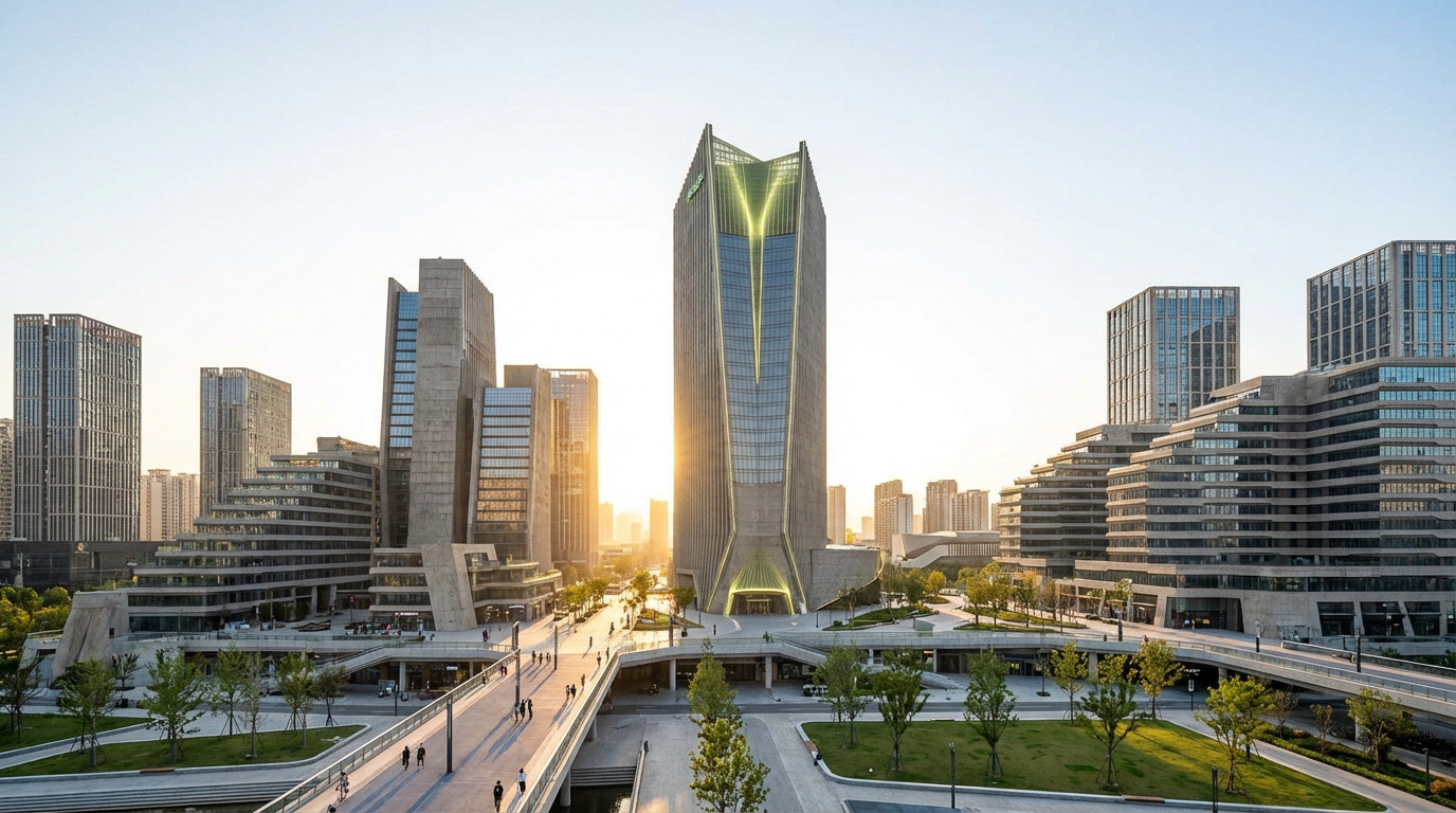 Ville moderne au lever du soleil avec des gratte-ciel innovants, un boulevard piéton, et des parcs.
