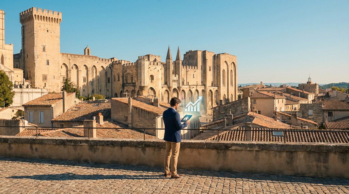 Un homme analyse des données immobilières sur tablette avec graphique montant, surplombant Avignon et le Palais des Papes.