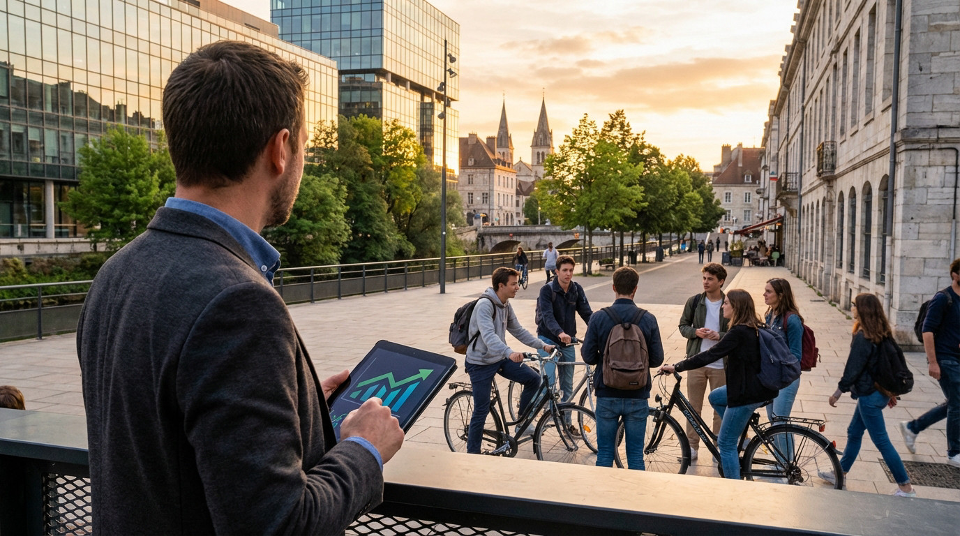 Homme avec tablette affichant un graphique haussier à Besançon. Vue urbaine avec bâtiments anciens et modernes, personnes et vélos au coucher du soleil.