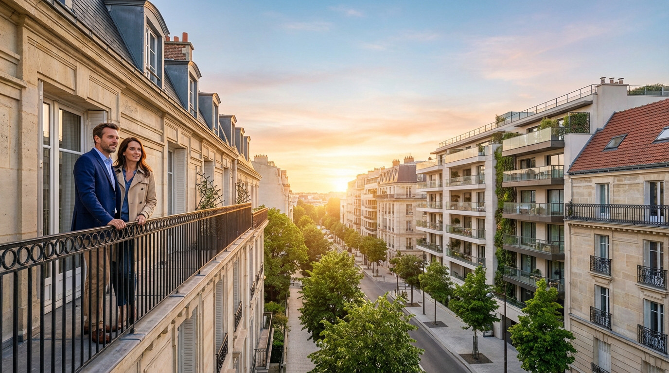 Couple élégant sur un balcon à Boulogne-Billancourt, admirant le coucher de soleil sur une rue bordée d'immeubles classiques et modernes.