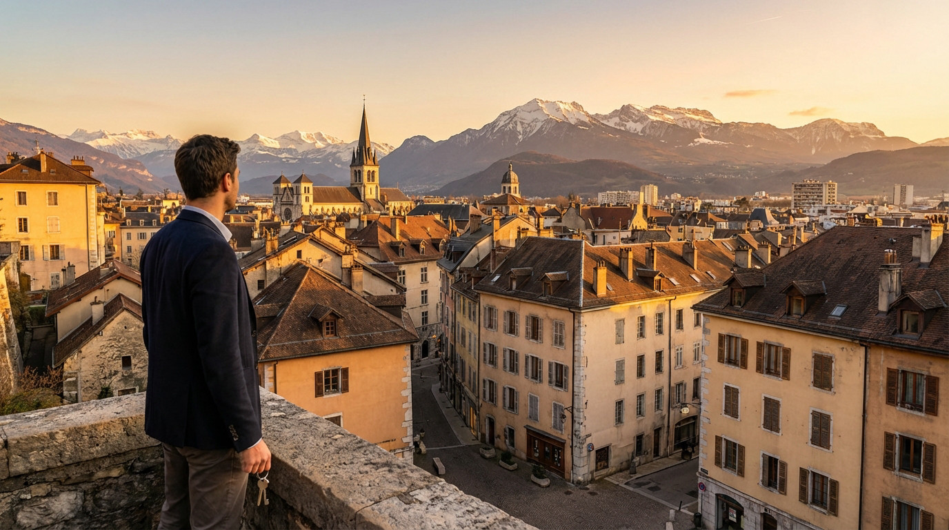 Homme avec des clés dominant Chambéry au coucher du soleil, la ville historique et les Alpes enneigées en arrière-plan.