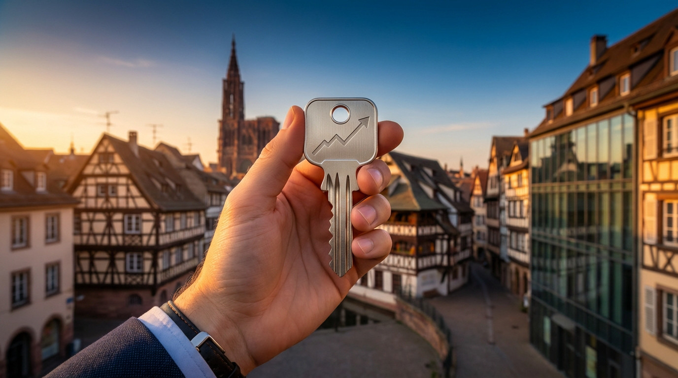 Main tenant une clé avec graphique de croissance devant les maisons à colombages de Strasbourg et la cathédrale au coucher du soleil.
