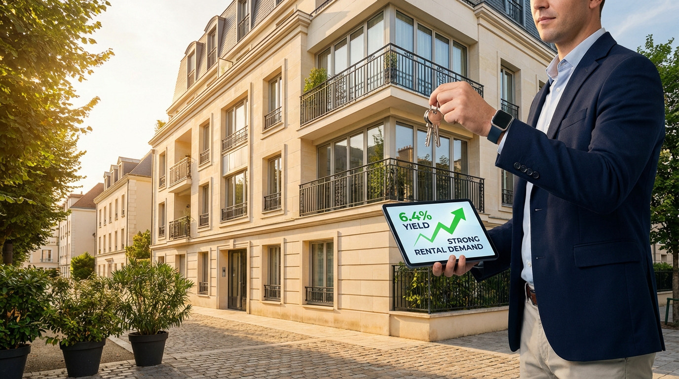 Un investisseur immobilier tient des clés et une tablette montrant un rendement locatif de 6,4% devant un bel immeuble résidentiel.