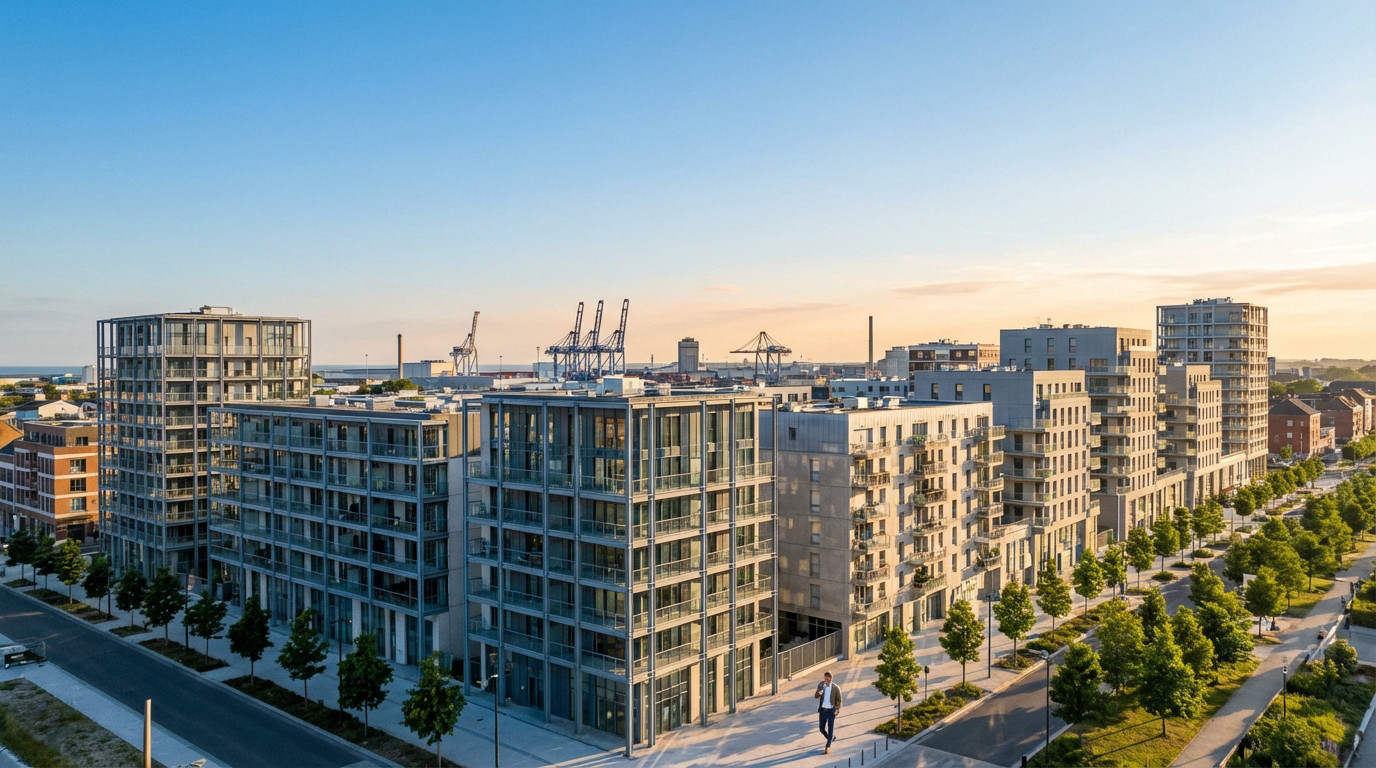 Vue aérienne d'un quartier résidentiel moderne à Dunkerque, avec des immeubles neufs et le port industriel en arrière-plan.