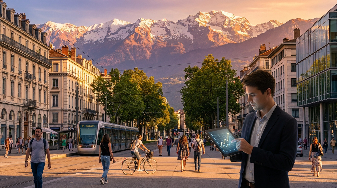 Un homme d'affaires analyse des données de croissance sur tablette dans une rue animée de Grenoble avec montagnes enneigées.