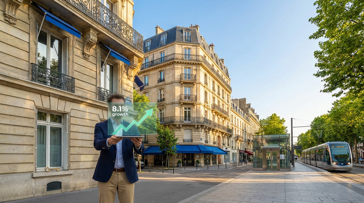 Homme avec tablette affichant 8,1% de croissance, devant immeubles haussmanniens et tramway, symbolisant l'investissement immobilier.