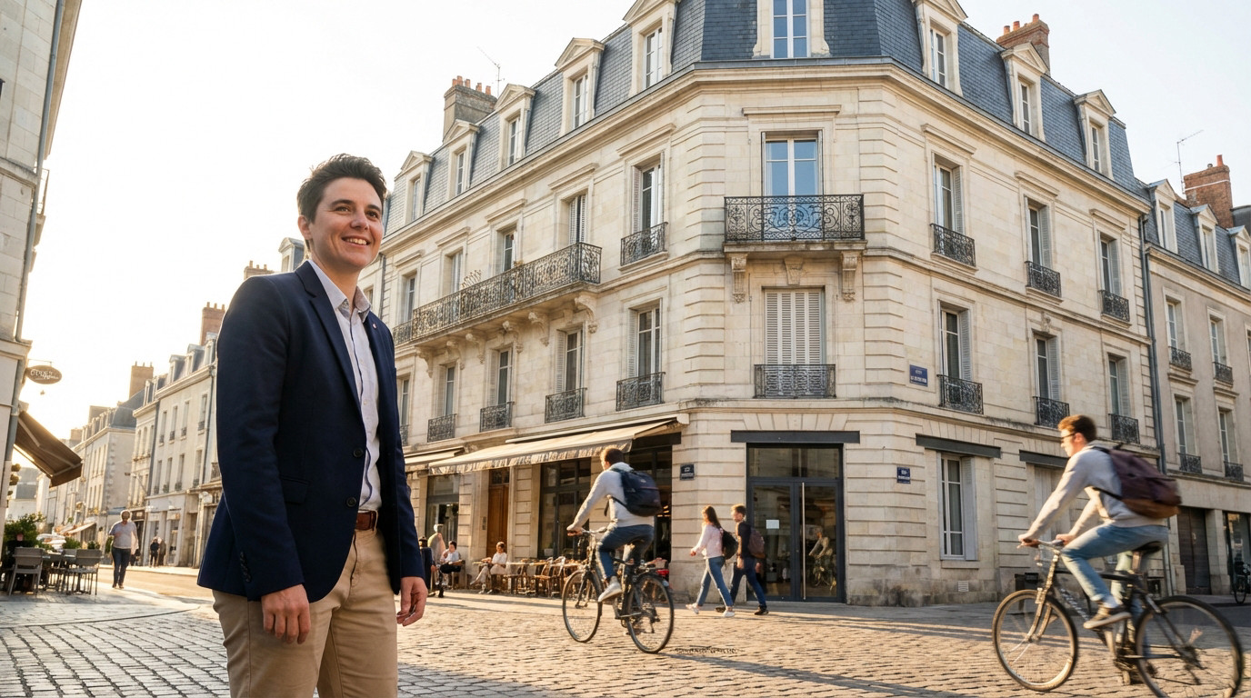 Jeune homme souriant dans une rue pavée de Tours, bâtiments historiques en pierre, personnes à vélo. Vue urbaine ensoleillée.