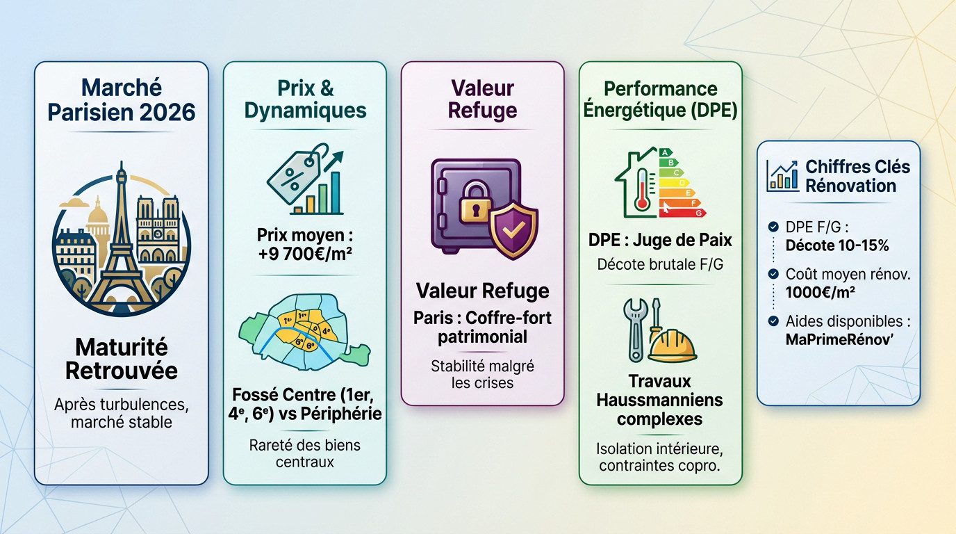 Infographie des prix et de la dynamique du marché immobilier à Paris en 2026