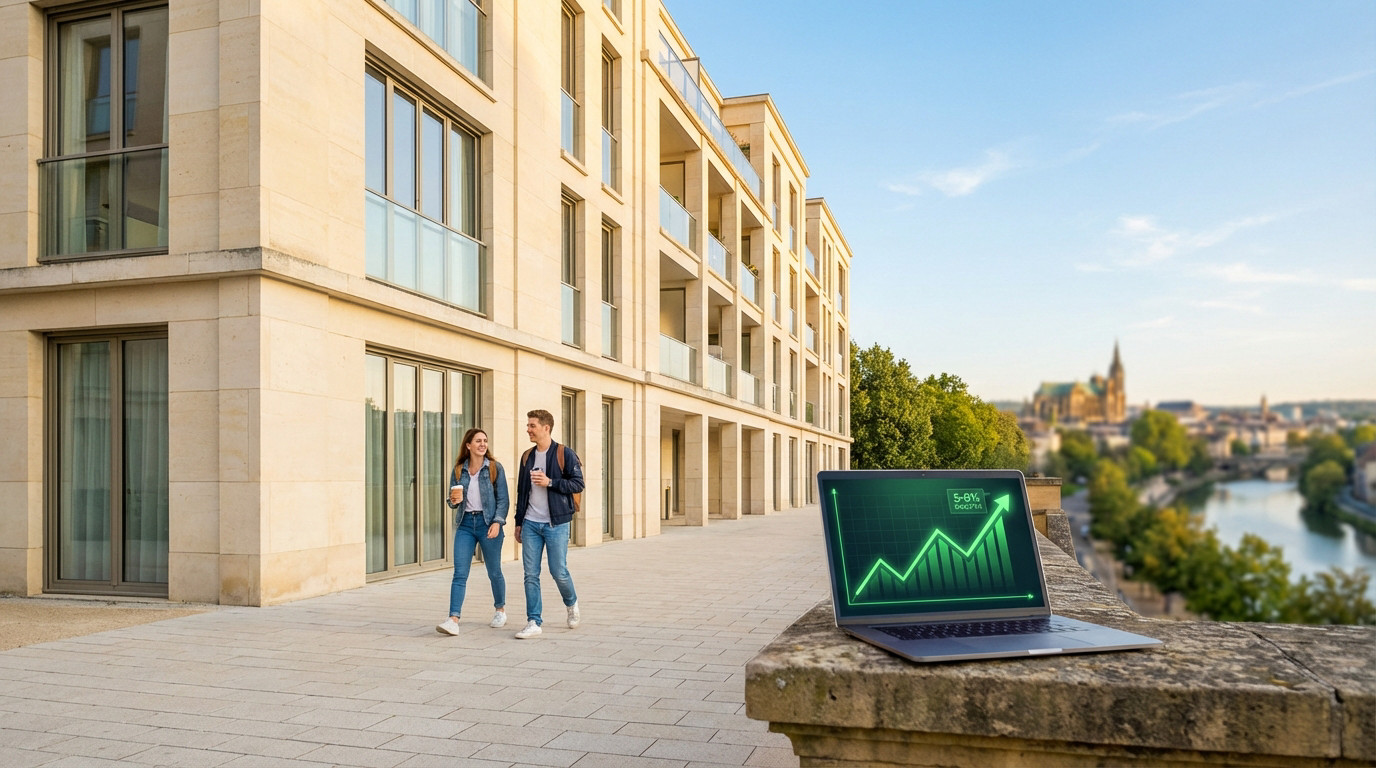 Couple souriant devant un immeuble moderne. Un laptop sur un muret affiche un graphique de croissance immobilière, avec Metz en arrière-plan.