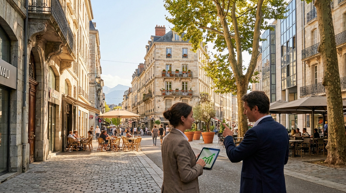 Deux professionnels discutent d'un projet d'investissement à Pau, l'un tenant une tablette avec un graphique de croissance.