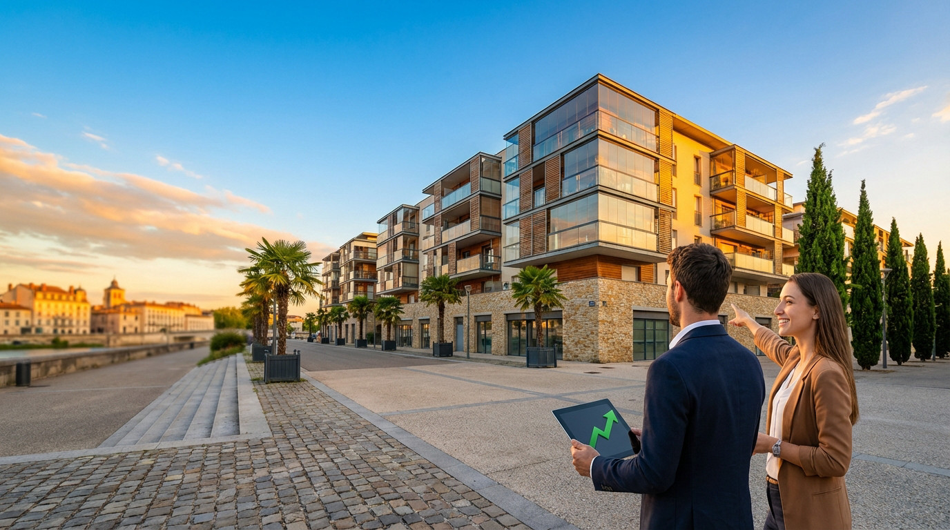 Couple devant des immeubles modernes à Valence au coucher du soleil. L'homme tient une tablette avec graphique de croissance.