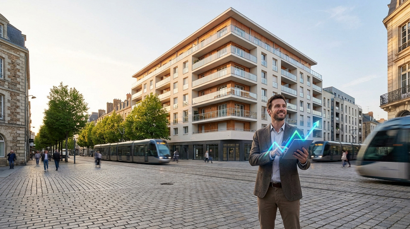 Un homme d'affaires souriant tient une tablette affichant un graphique de croissance devant des immeubles urbains et un tram.