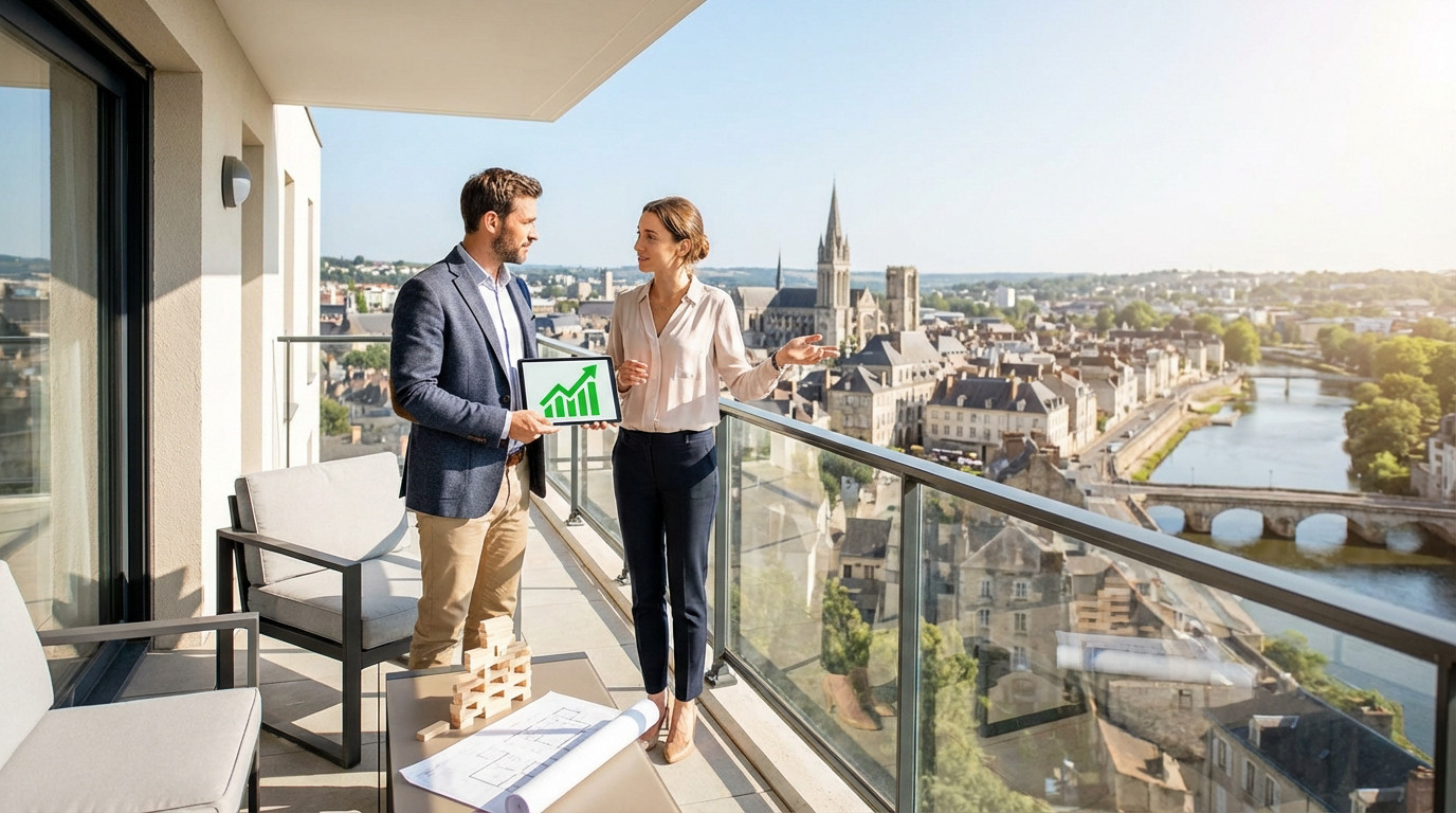 Deux experts immobiliers sur un balcon moderne avec vue sur Orléans, montrant une croissance d'investissement sur tablette.