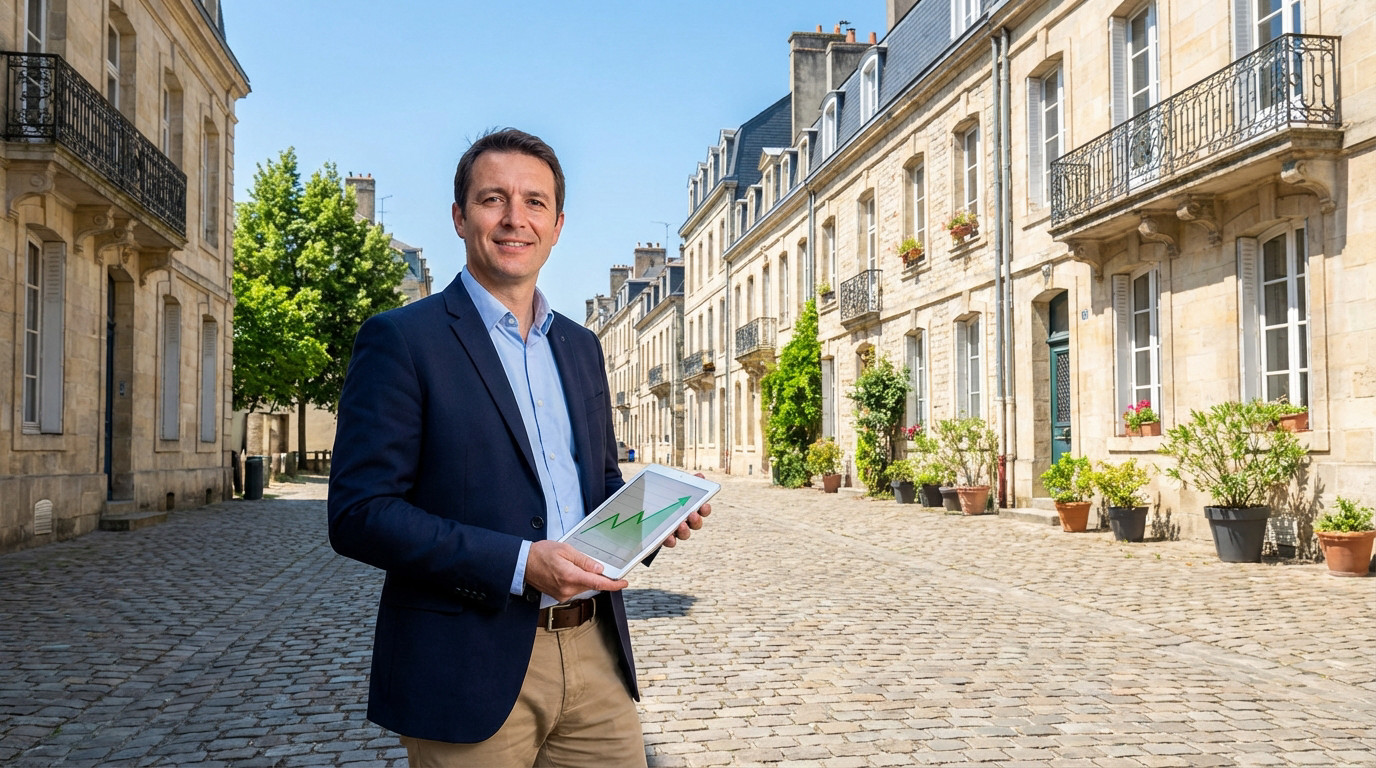 Homme souriant en costume tient une tablette avec graphique de croissance. Il est sur une rue pavée bordée d'immeubles de Caen.