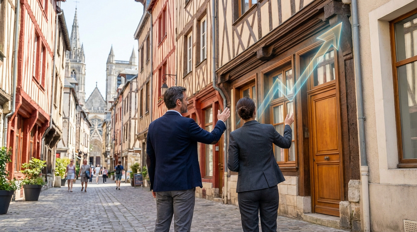 Deux investisseurs regardent un graphique de croissance sur une maison à colombages dans une rue pavée de Troyes.