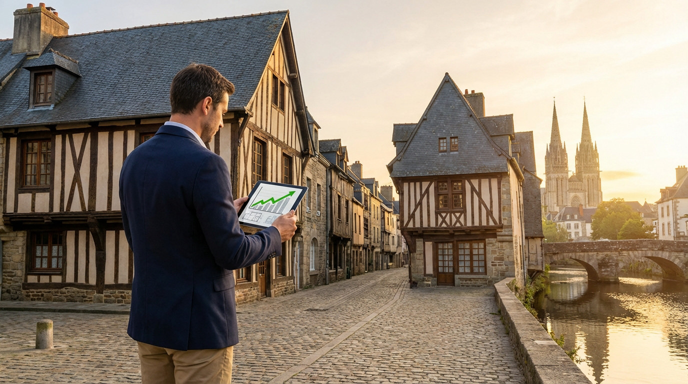 Un homme examine un graphique de croissance sur tablette dans une rue pavée de Quimper, avec maisons à colombages et la cathédrale.