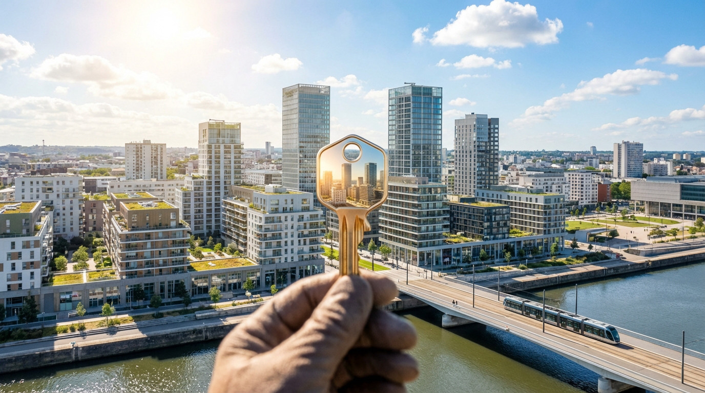 Main tenant une clé dorée devant un paysage urbain moderne de Nantes avec immeubles, tram sur un pont et soleil éclatant.