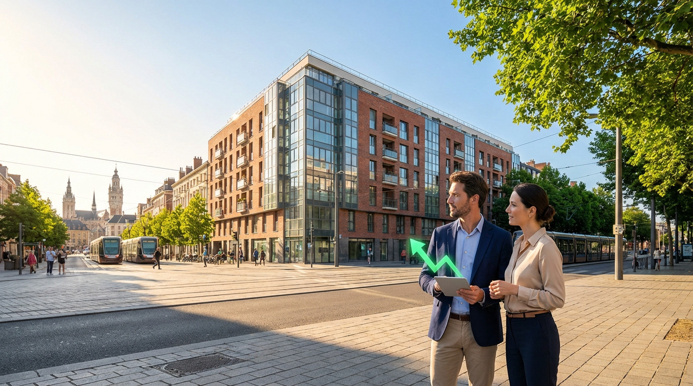 Couple d'investisseurs analysant des données de croissance sur tablette, avec un immeuble moderne et le Beffroi de Lille en arrière-plan.
