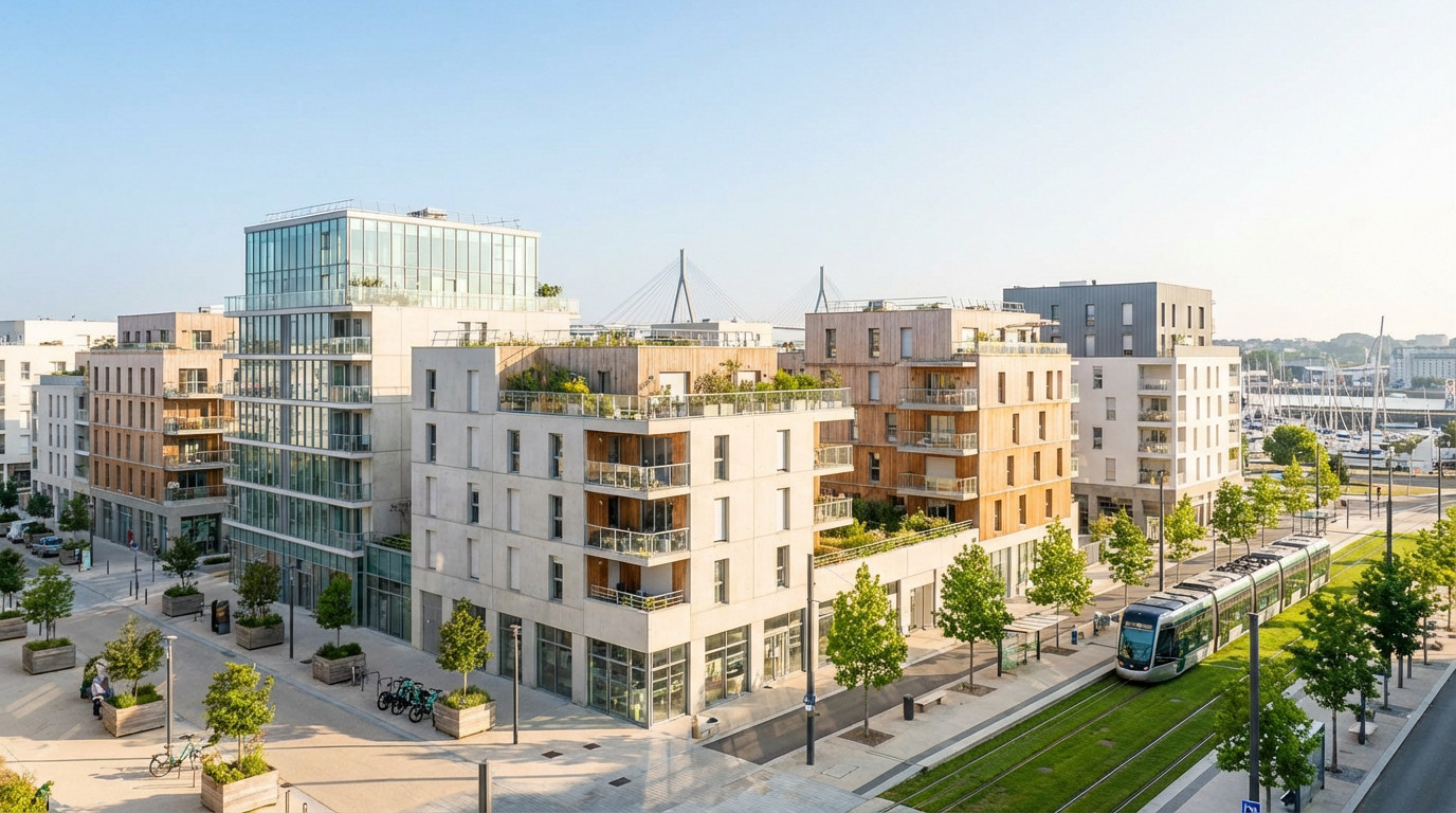Vue aérienne d'un quartier moderne à Lorient avec des bâtiments neufs, un tramway sur rail végétalisé, et un port en arrière-plan.