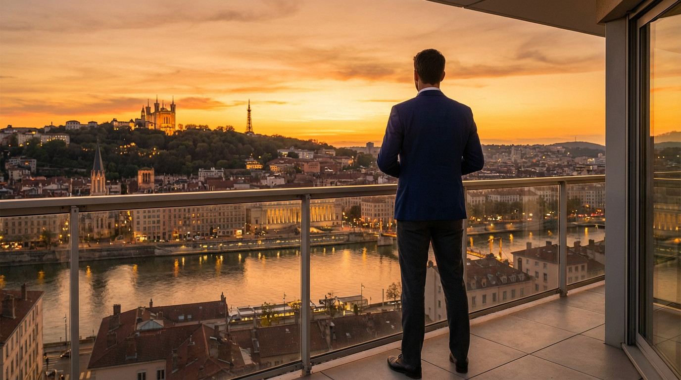 Homme en costume sur un balcon, vue sur Lyon au coucher du soleil avec la basilique de Fourvière.