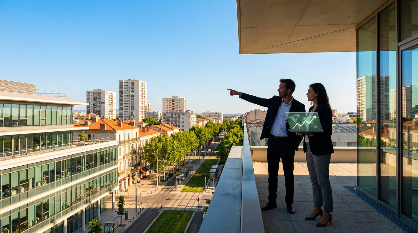 Deux experts immobiliers sur un balcon à Montpellier, l'homme pointe la ville, la femme tient une tablette avec graphique de croissance.