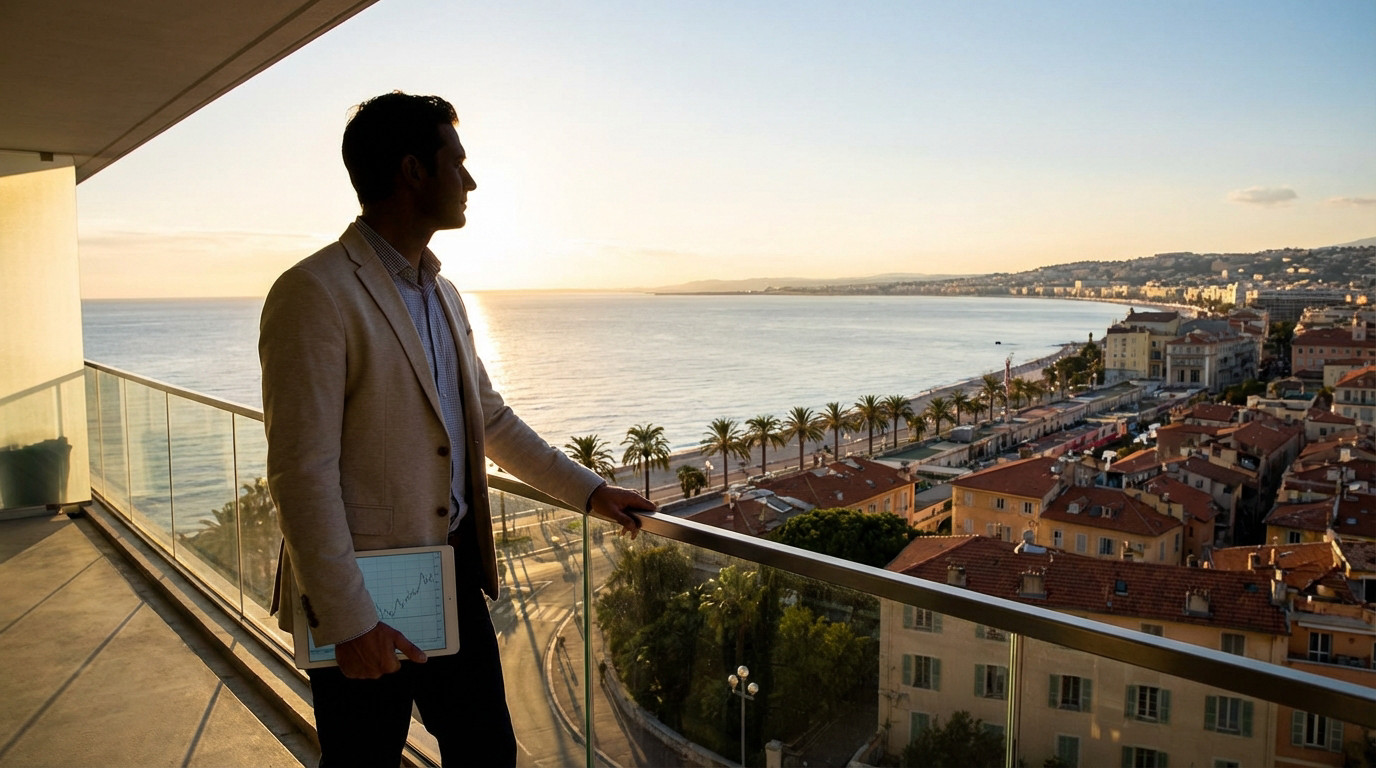 Un homme sur un balcon surplombe la baie de Nice au coucher du soleil, tenant une tablette affichant un graphique de croissance.