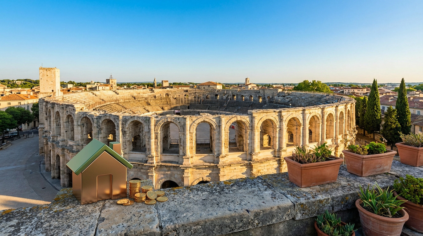 Les Arènes de Nîmes au soleil, avec une maquette de maison et des pièces d'or symbolisant l'investissement locatif.
