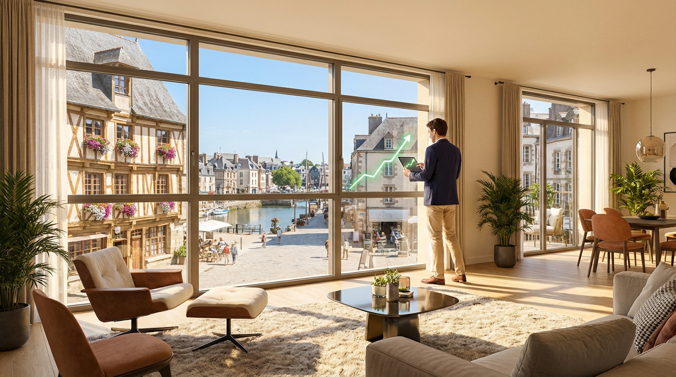 Intérieur moderne avec vue sur Vannes. Un homme observe un graphique de croissance sur tablette, symbolisant un investissement réussi.