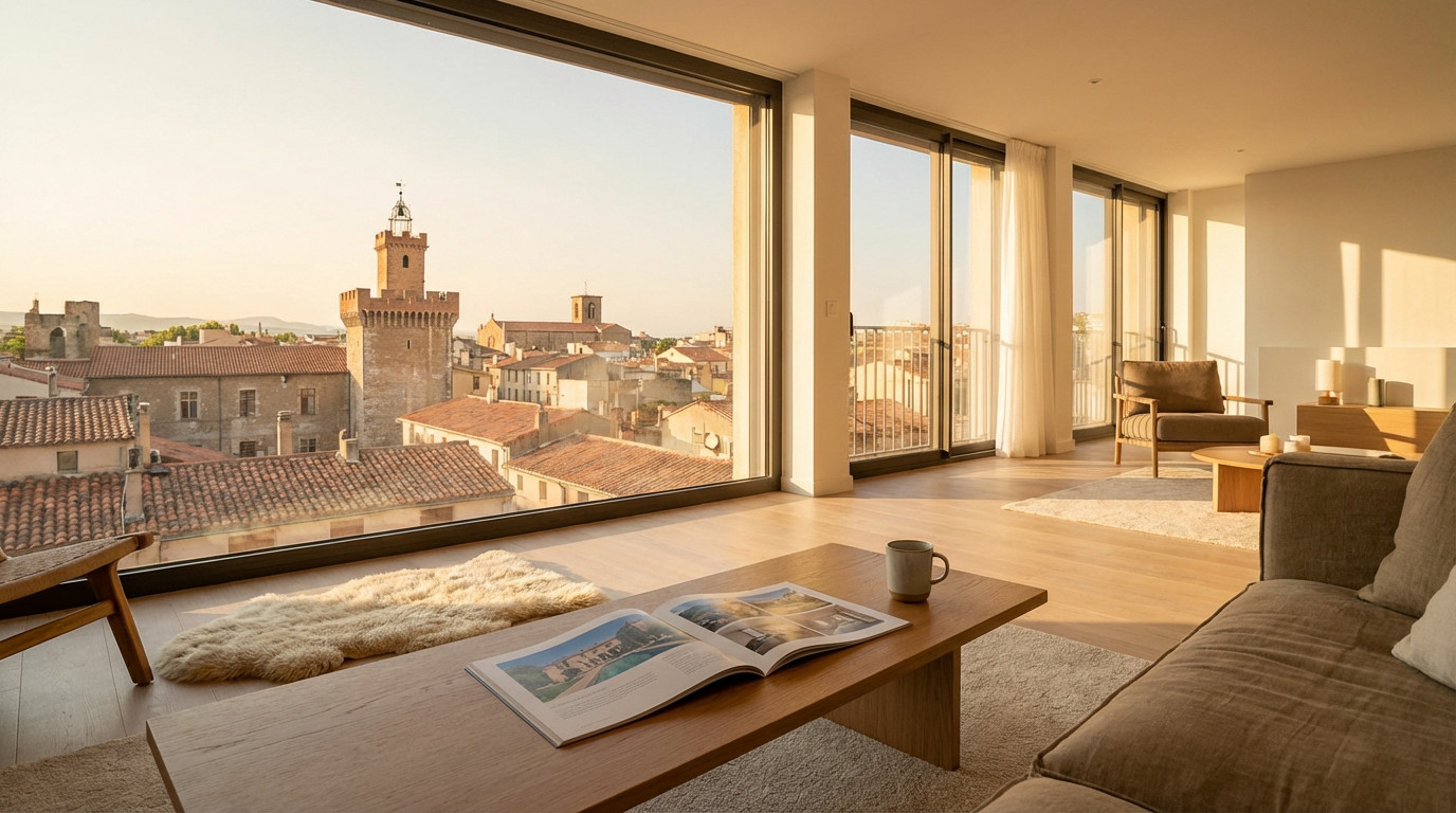 Salon moderne et lumineux à Perpignan. Grandes baies vitrées offrent une vue sur les toits anciens et le Castillet au coucher du soleil.