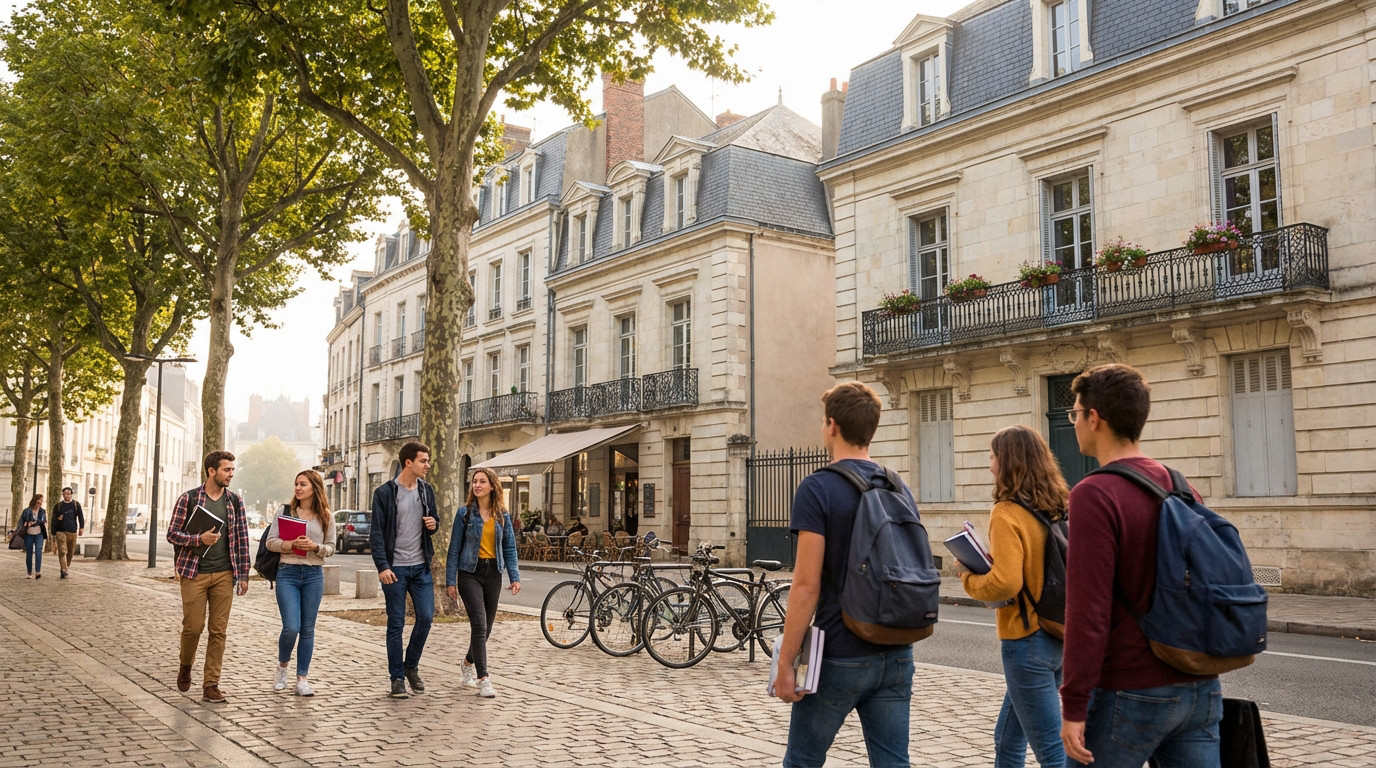 Jeunes adultes marchant sur une rue pavée bordée d'arbres et de bâtiments historiques en pierre à Poitiers.