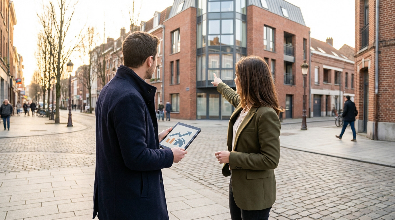 Un homme et une femme évaluant un bâtiment pour un investissement locatif, l'homme tient une tablette affichant des données.