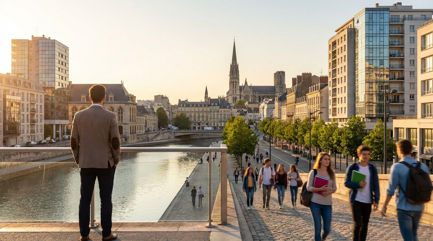 Homme contemplant Reims, sa cathédrale emblématique, la rivière et des passants au coucher du soleil.