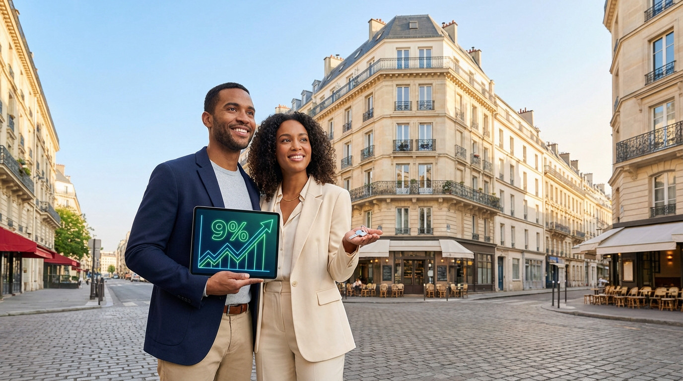 Couple souriant avec tablette affichant "9%" et graphe croissant, et des clés, devant des immeubles parisiens.