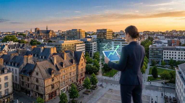 Une personne en costume regarde Rennes au coucher du soleil, tenant une tablette affichant un graphique immobilier ascendant.