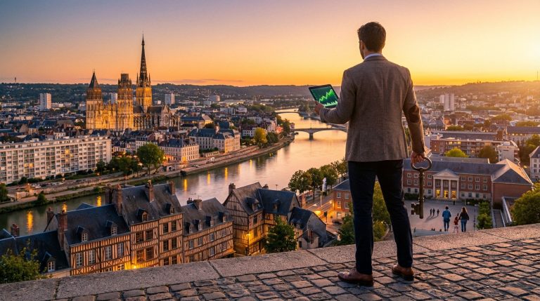 Homme avec tablette et clé, admirant Rouen au coucher du soleil. Cathédrale et Seine visibles. Symbolise l'investissement immobilier.