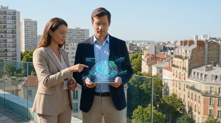 Deux experts immobiliers sur un toit-terrasse analysent une carte numérique 3D des "zones rentables" sur tablette, avec vue sur la ville.
