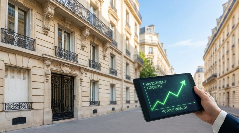 Une main tient une tablette affichant un graphique de croissance financière devant de classiques immeubles haussmanniens à Paris.