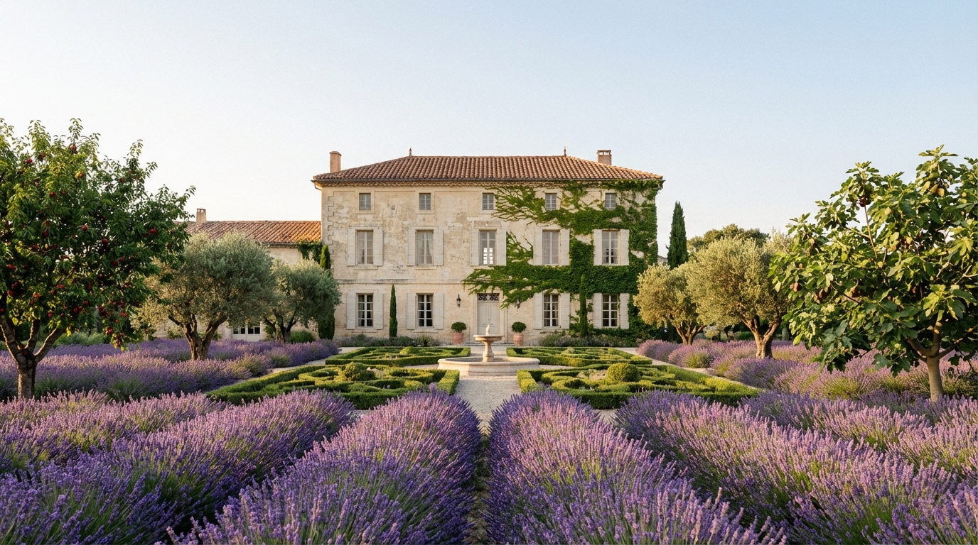 Extérieur d'un manoir du XIXe siècle en pierre avec champs de lavande à Avignon