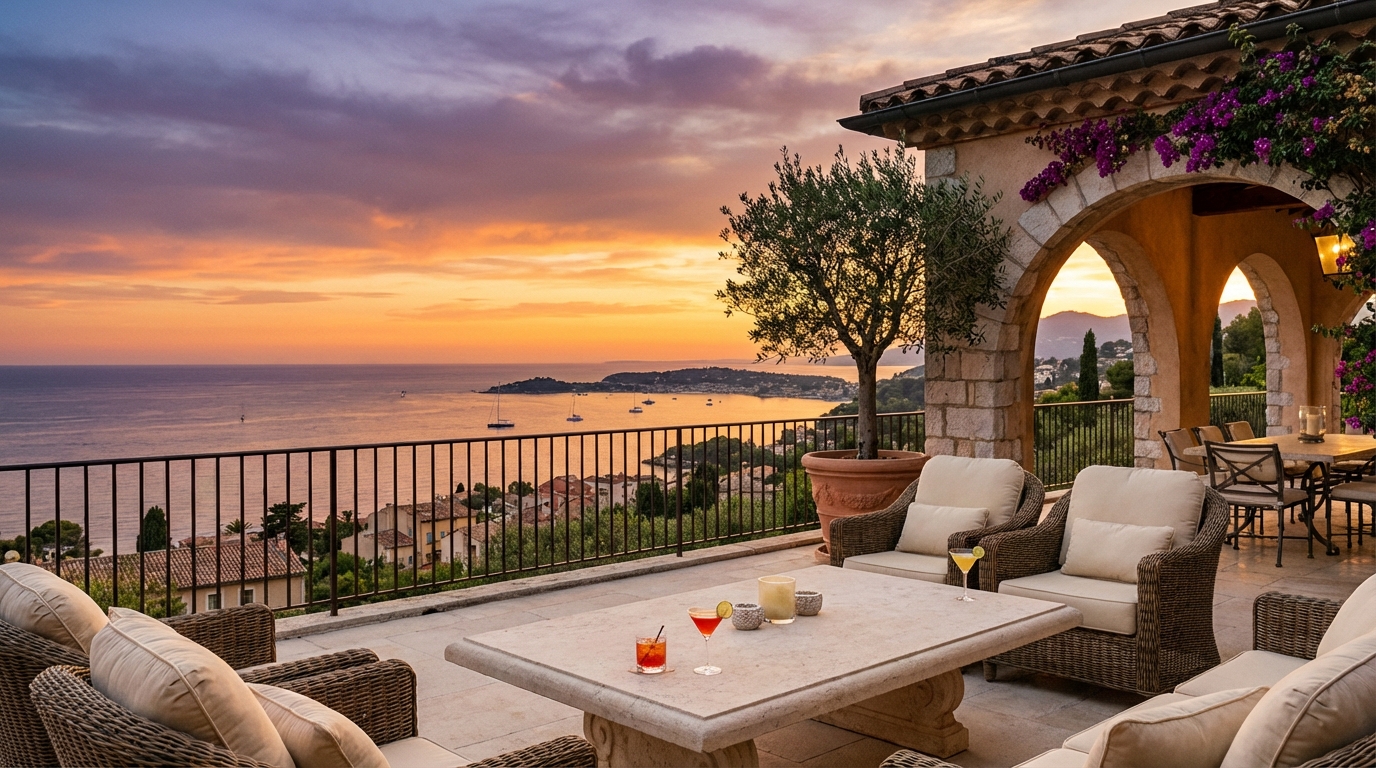 Vue mer panoramique depuis la terrasse d'une villa de luxe à Beaulieu-sur-Mer