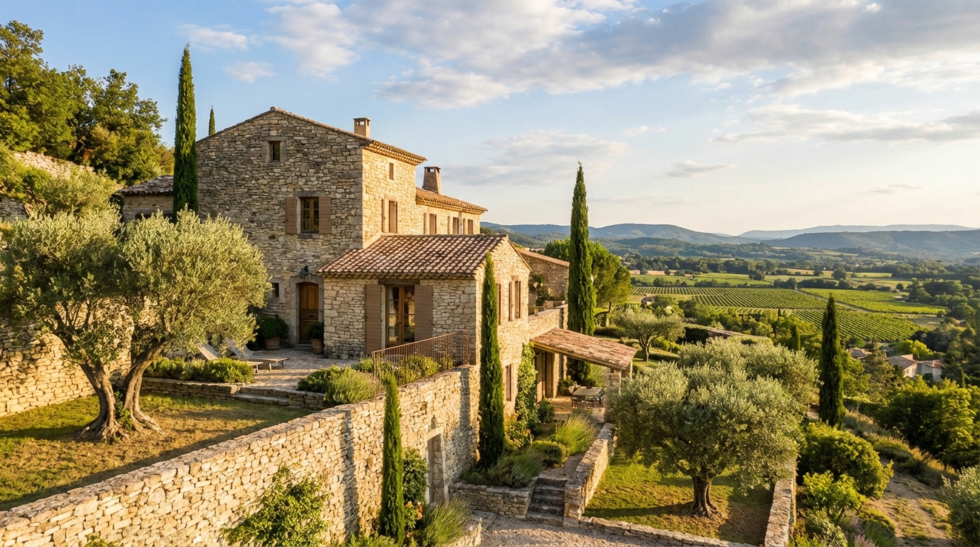 Villa traditionnelle en pierre avec jardin en restanques et oliviers à Gordes