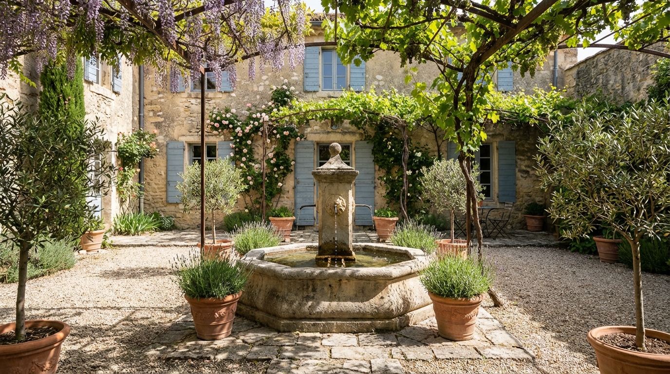 Cour intérieure d'un mas à Fontvieille avec pergola ombragée et bassin en pierre