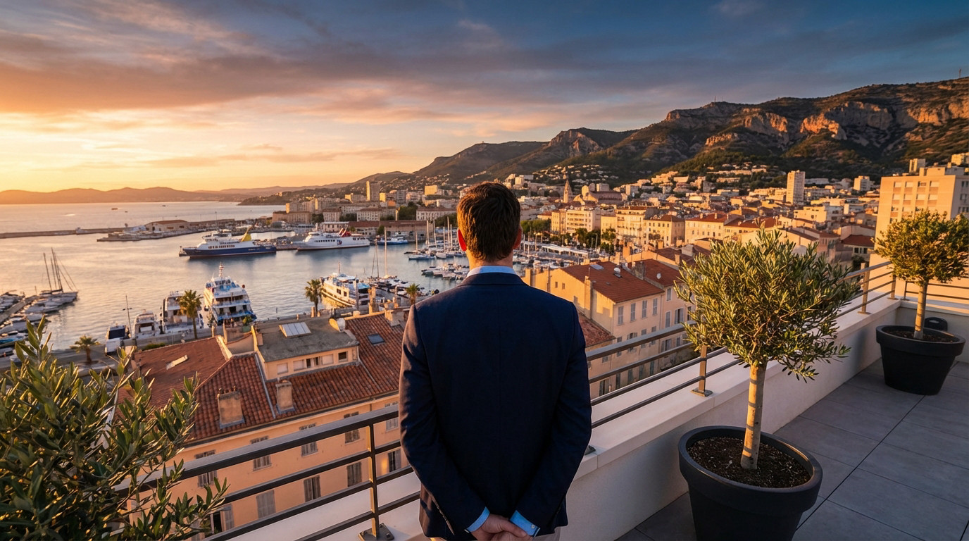 Homme en costume, de dos, regardant le port de Toulon et la ville au coucher du soleil, avec montagnes à l'arrière-plan.