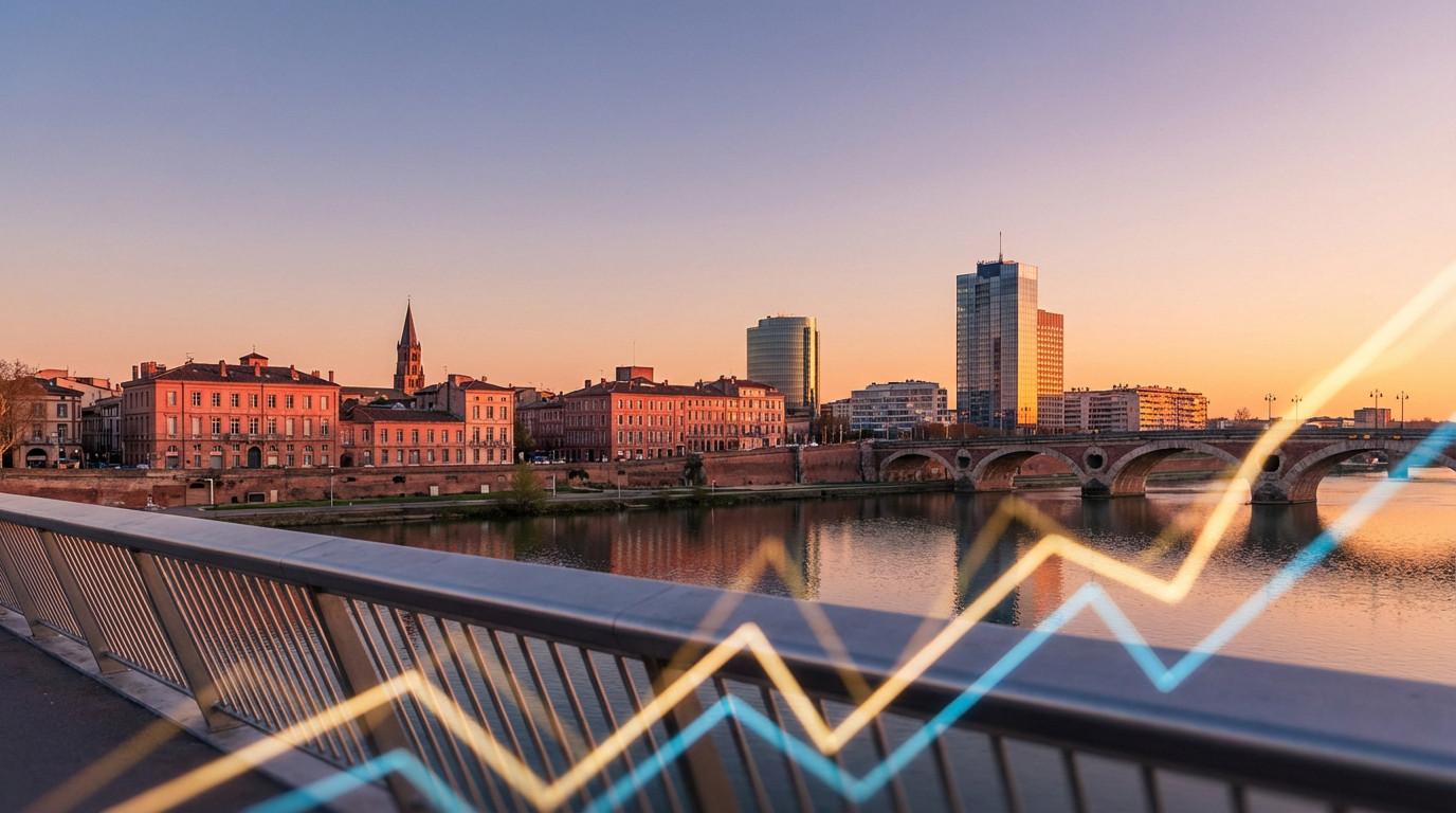 Paysage urbain de Toulouse au coucher du soleil, avec Garonne, pont, bâtiments, et graphiques de tendance haussière superposés.