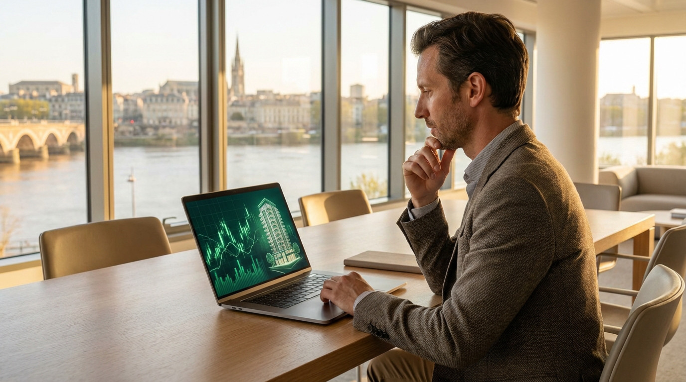 Un homme analyse des graphiques immobiliers sur un ordinateur portable, avec la Garonne et l'horizon de Bordeaux en arrière-plan.