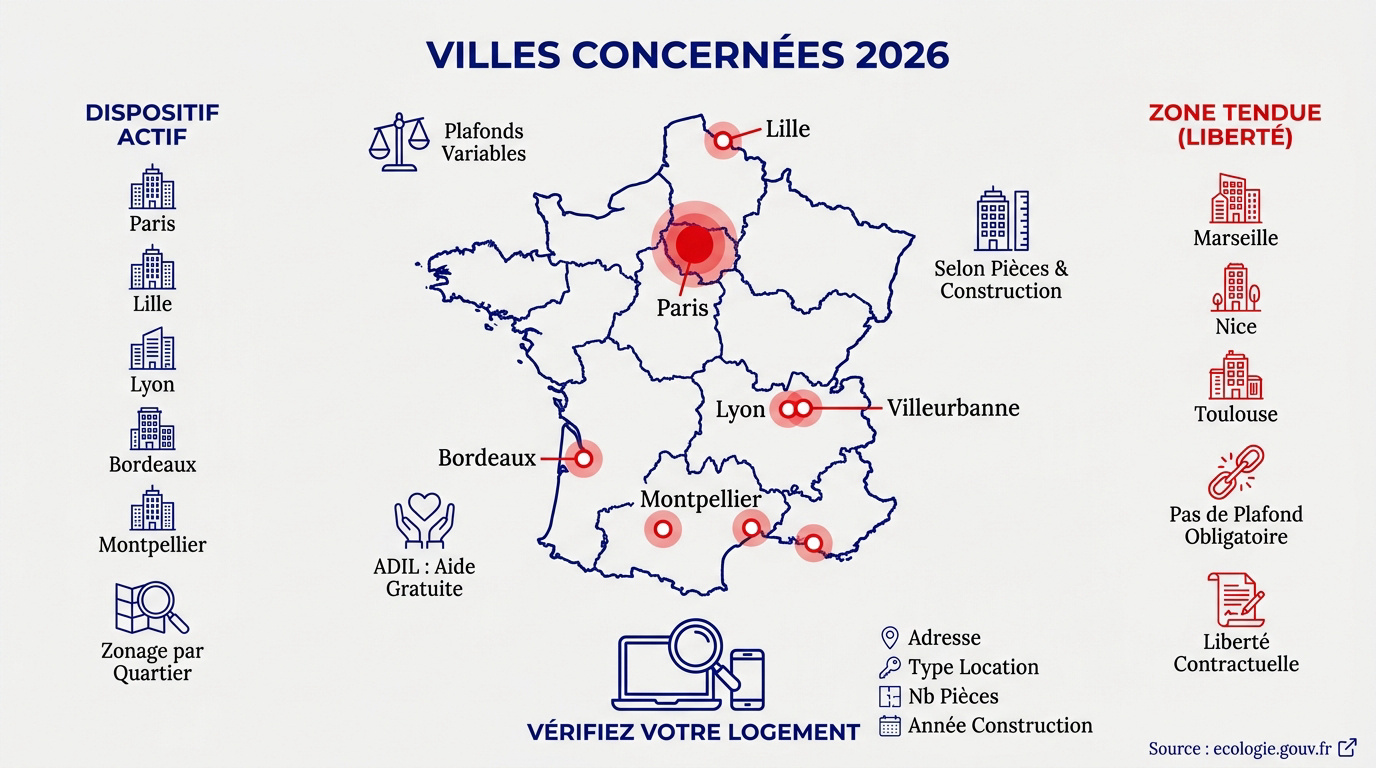 Carte des villes françaises appliquant l'encadrement des loyers en 2026