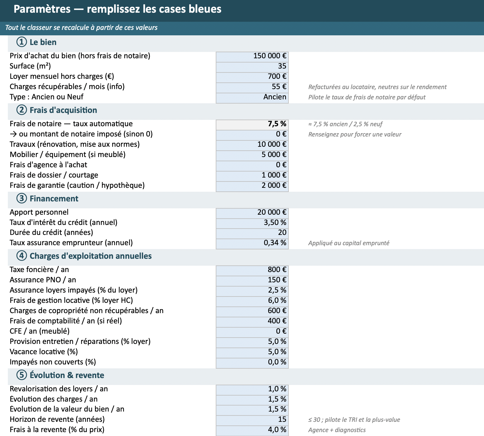 Onglet Paramètres du calculateur de rentabilité locative Excel : prix, frais d'acquisition, financement et charges