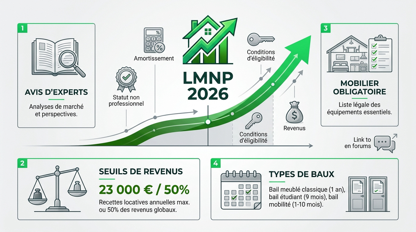 Infographie récapitulative des conditions et seuils du statut LMNP pour l'année 2026