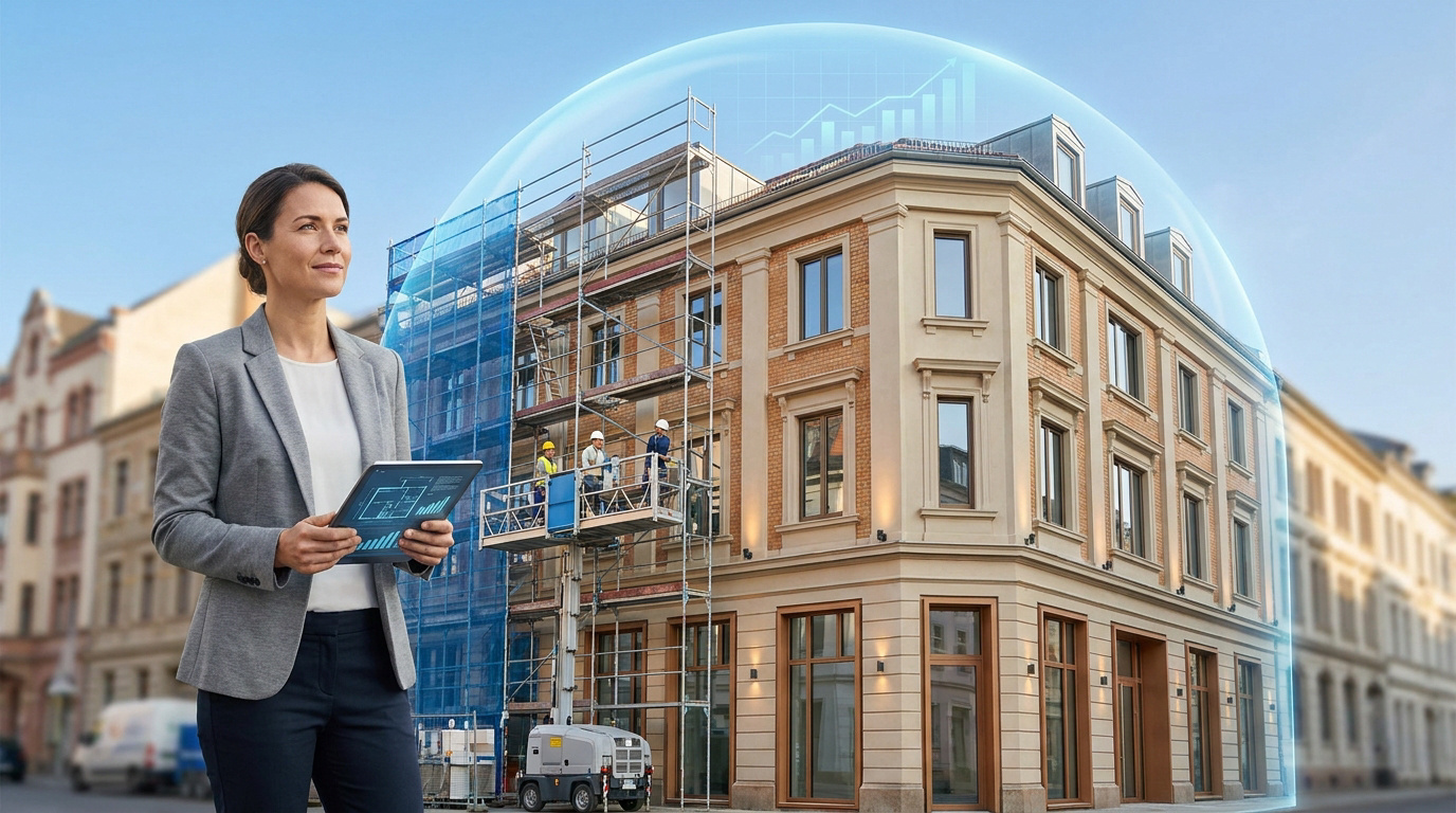 Une professionnelle avec une tablette devant un bâtiment en rénovation protégé par un dôme digital symbolisant la sécurité.