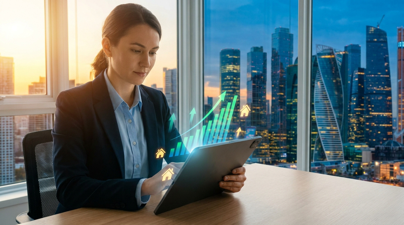 Une femme d'affaires utilisant une tablette avec des graphiques de croissance immobilière en réalité augmentée.